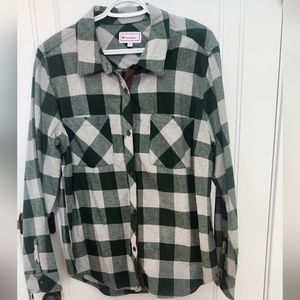 New without tags, women's green and gray plaid shirt. Canadian brand.